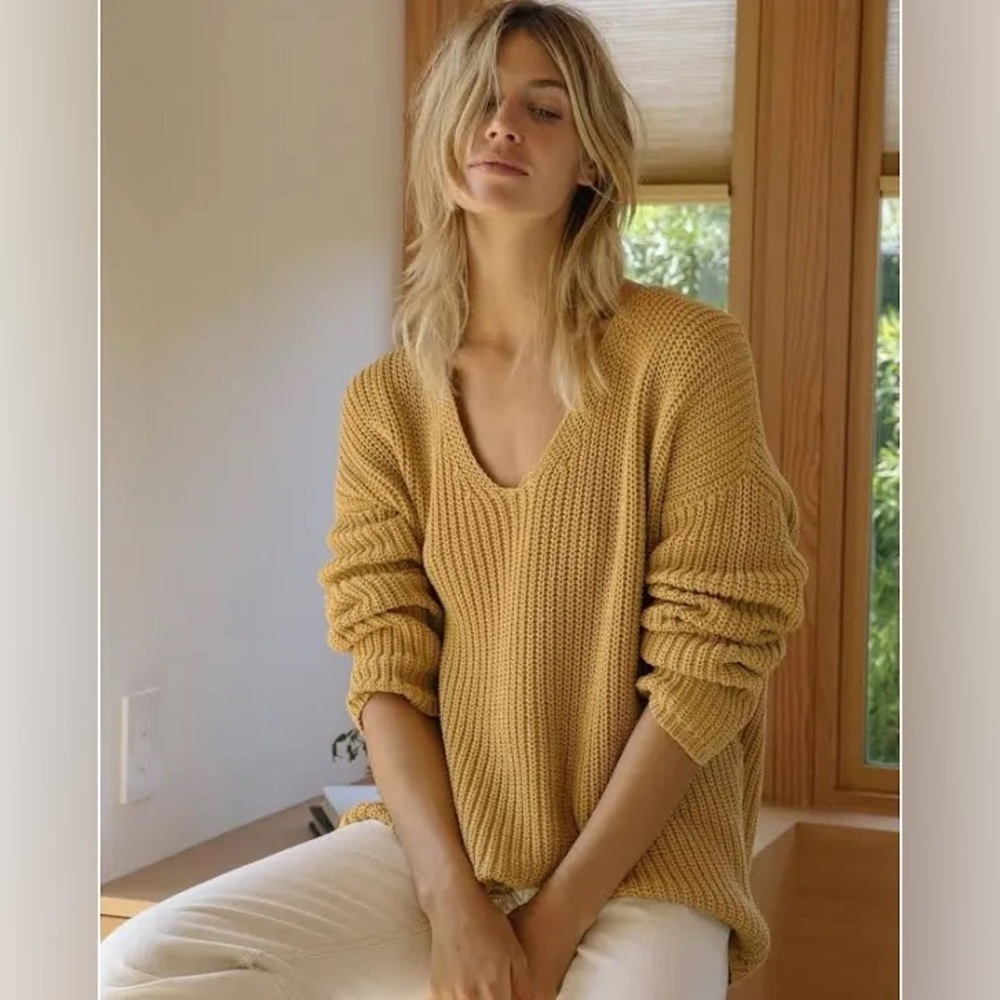 Jenni Kayne‎ Mustard Yellow Organic Cotton Cabin Fisherman Sweater Size Small